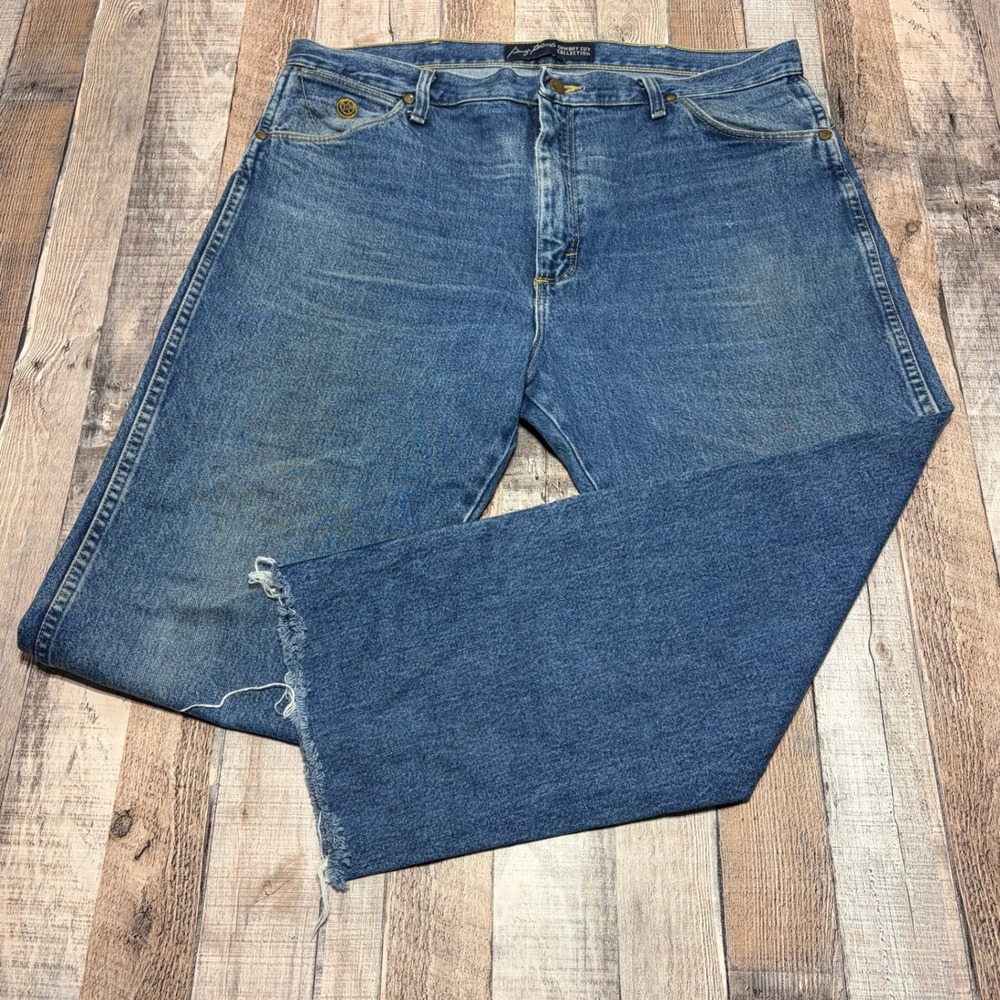 Wrangler George Strait Cowboy Cut Jeans Mens 38x25 Blue Raw Hem Western Rodeo